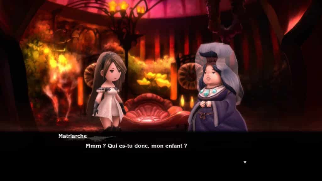 Deux personnages féminins dans une pièce chaleureusement éclairée par des bougies et décorée de fleurs, l'une en robe blanche et l'autre en robe bleue et chapeau haut-de-forme
