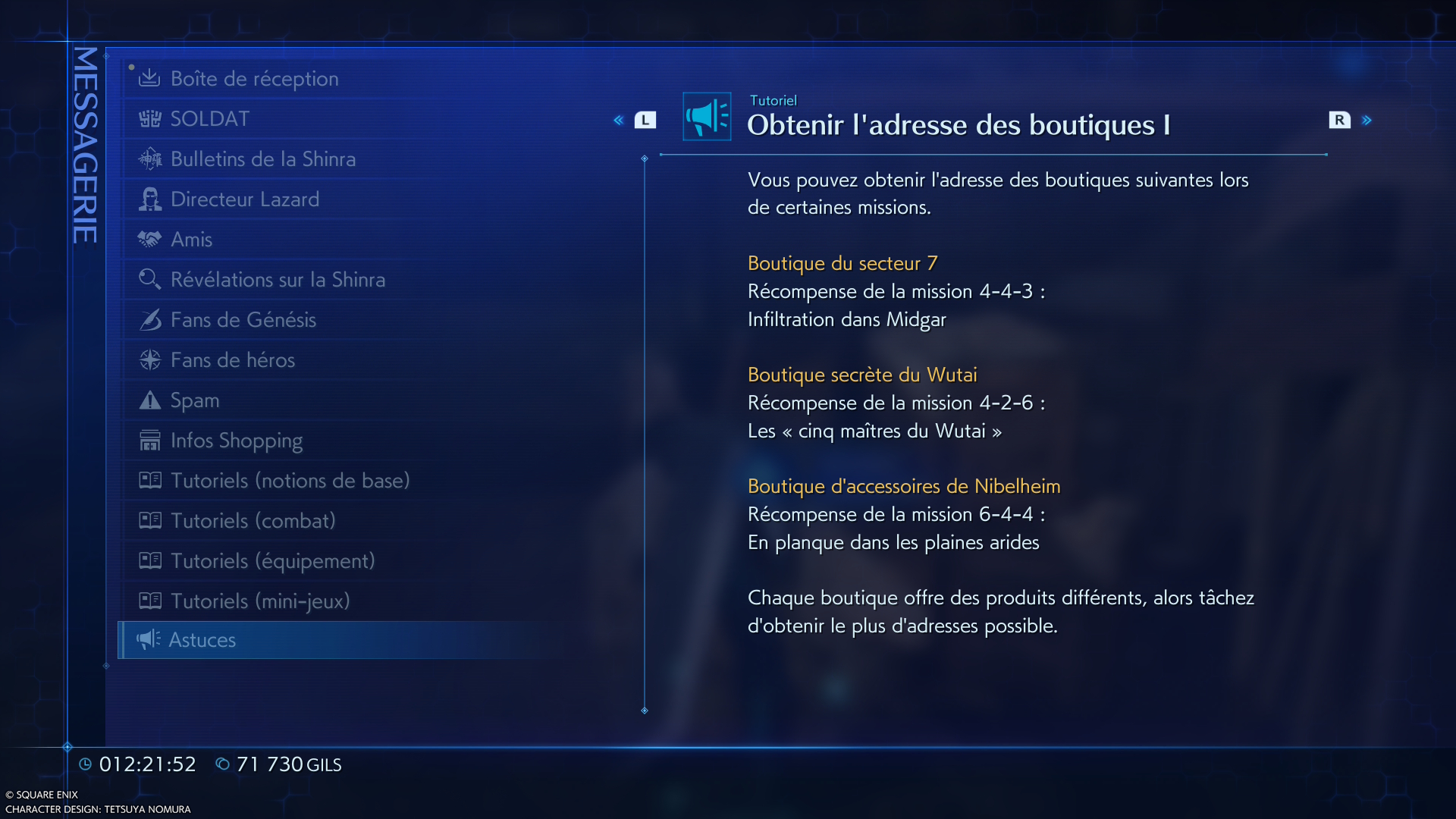 Final Fantasy VII Crisis Core Reunion courrier informatif